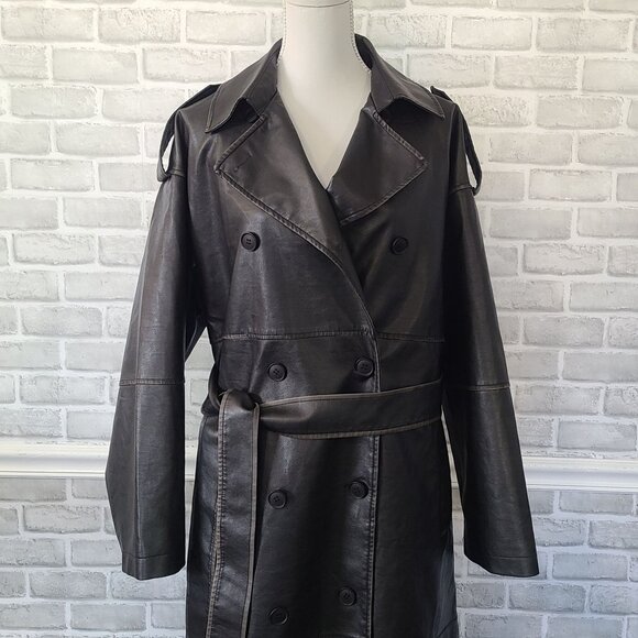 Topshop Black Faux Leather Trench Coat Womens 12 Classic Quiet Luxury Old Money - Picture 9 of 10